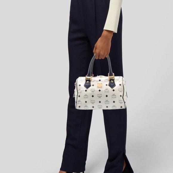 Authentic MCM Vintage Coated Canvas visetos Handle Bag Navy Blue/White - Picture 3 of 14